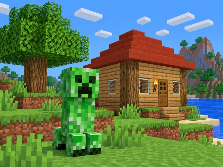 A Minecraft-style Creeper beside a wooden cottage and a river